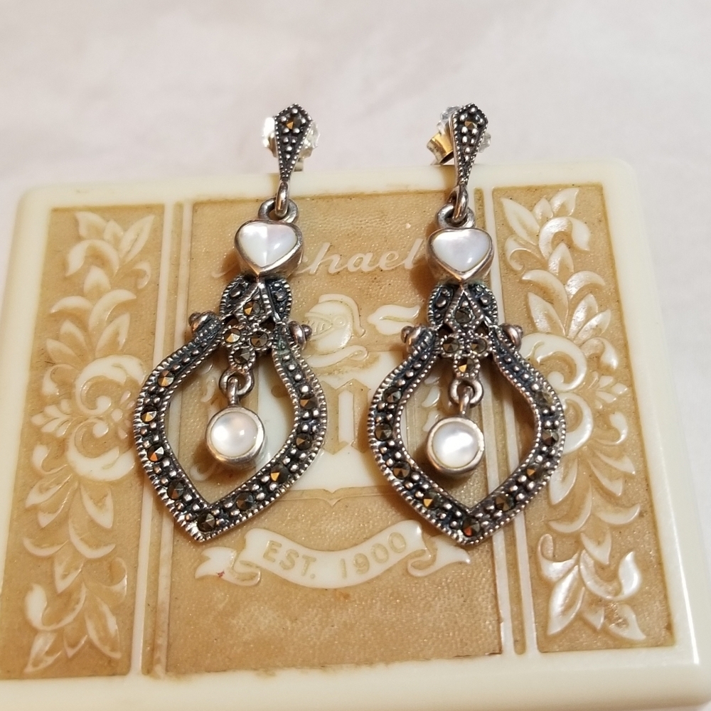 Vintage 925 Sterling Mother of Pearl Marcasite Dangle Earrings